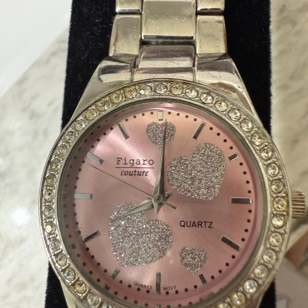 Figaro Silver Watch with Pink Heart Dial/just needs battery